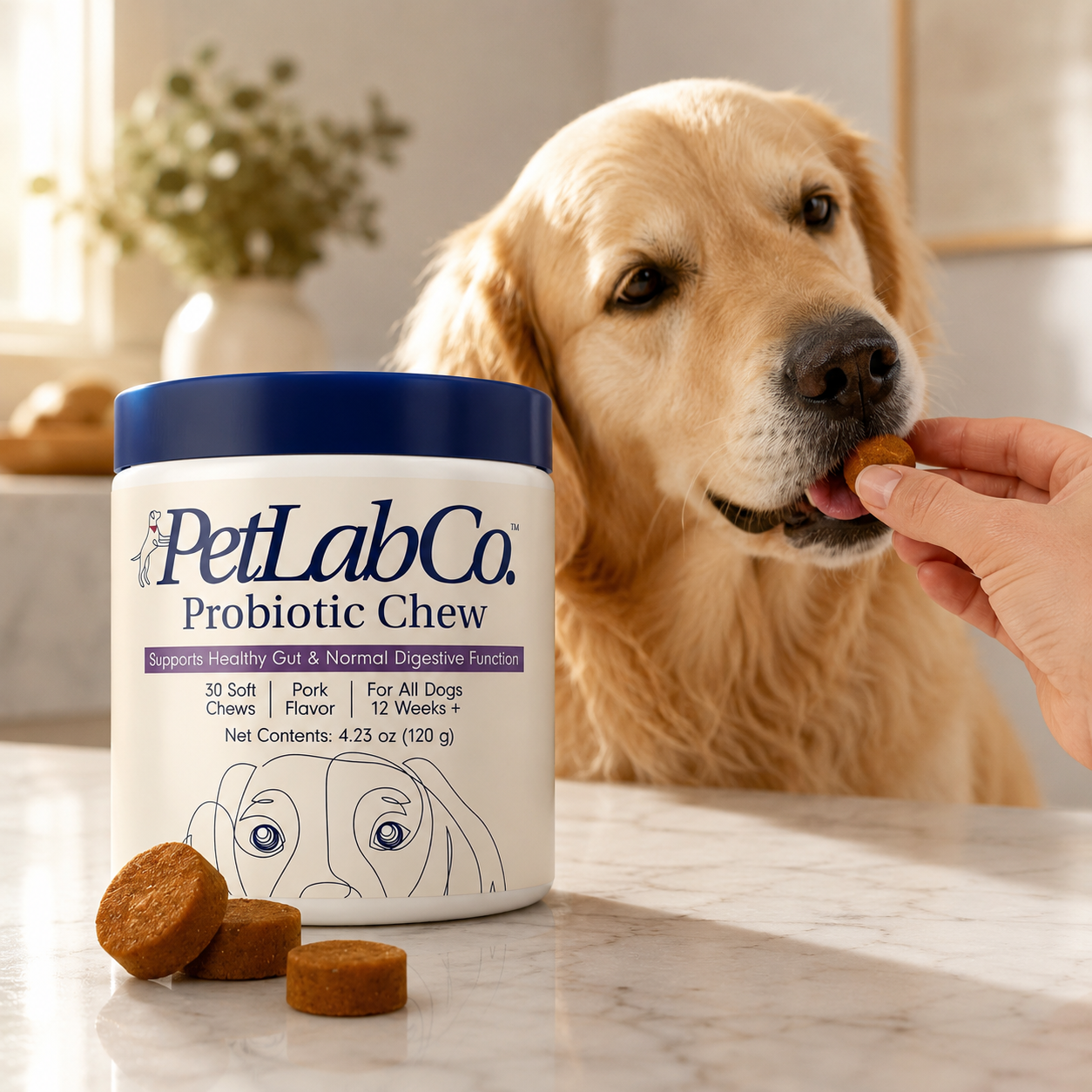 A golden retriever dog is shown eating a probiotic chew from a white and blue PetLabCo container, with a human hand offering the chew. Two brown round chews are placed on the marble countertop in the foreground.