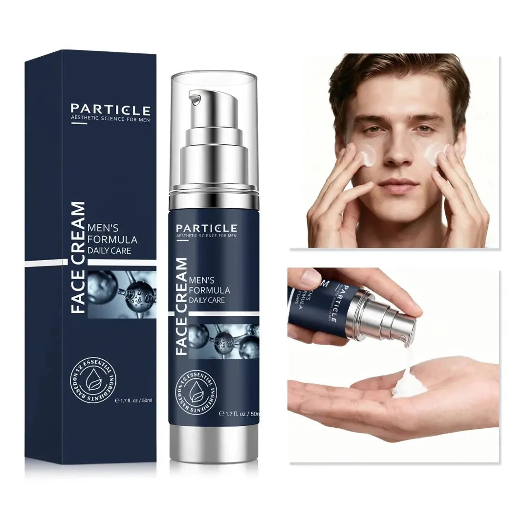 Particle face cream with packaging and usage examples on a white background