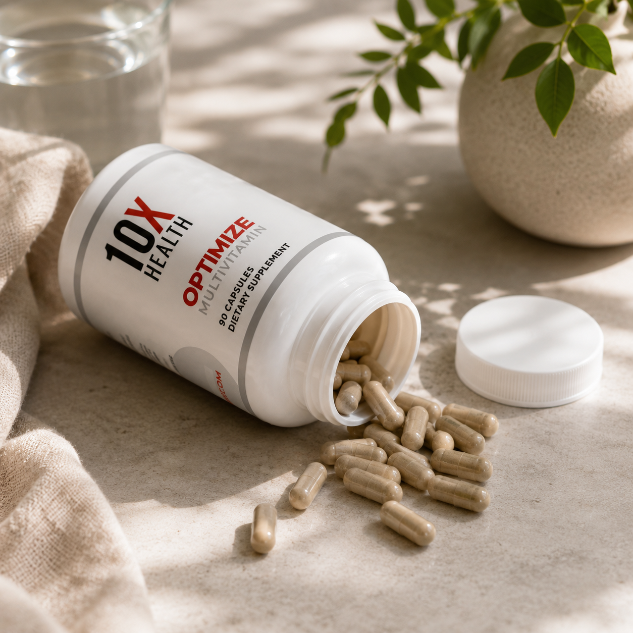 A white bottle of 10X Health Optimize MCT Oil capsules lies on its side with the cap removed, spilling tan capsules onto a beige surface. The scene is styled with a glass of water, a textured vase with green leaves, and a beige cloth under soft natural shadows.