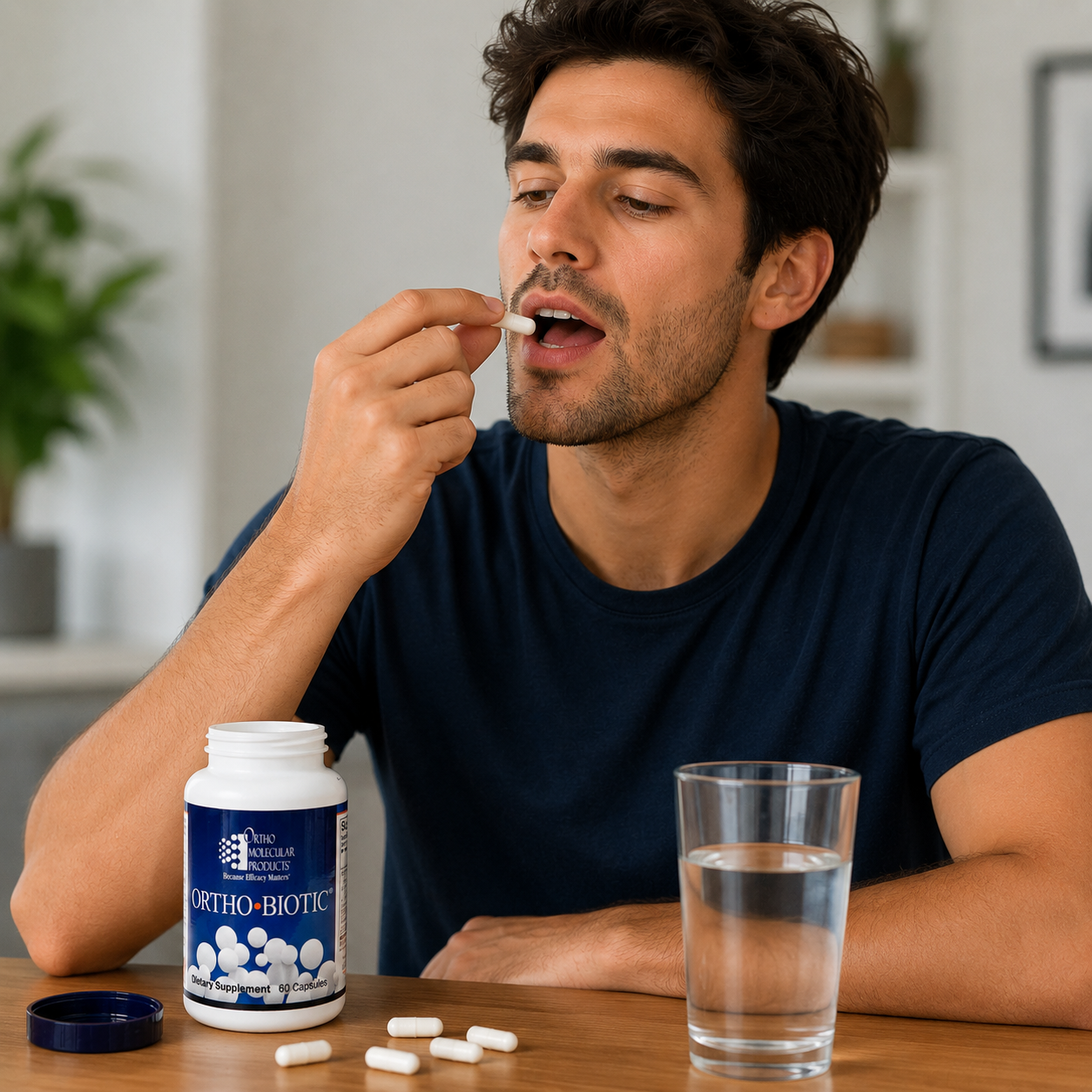 A man in a navy blue t-shirt is shown taking a white pill from a spoon, with a bottle of Ortho-Biotic supplements and a glass of water on a wooden table in the foreground.