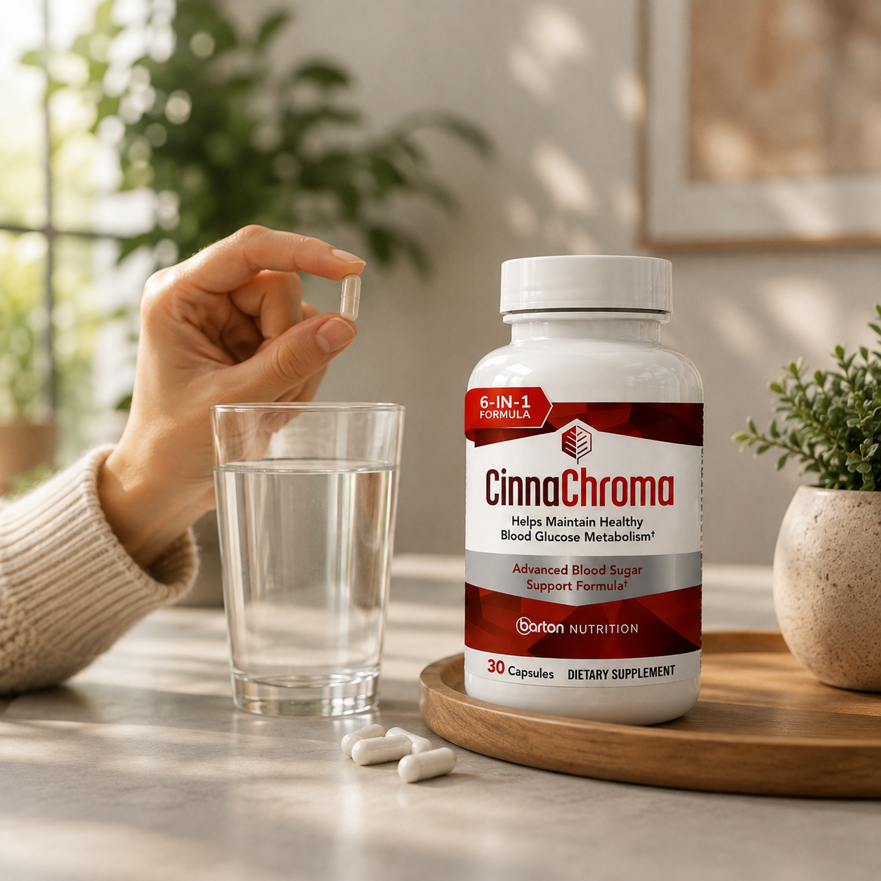 CinnaChroma 6-in-1 dietary supplement bottle displayed in a premium lifestyle setting