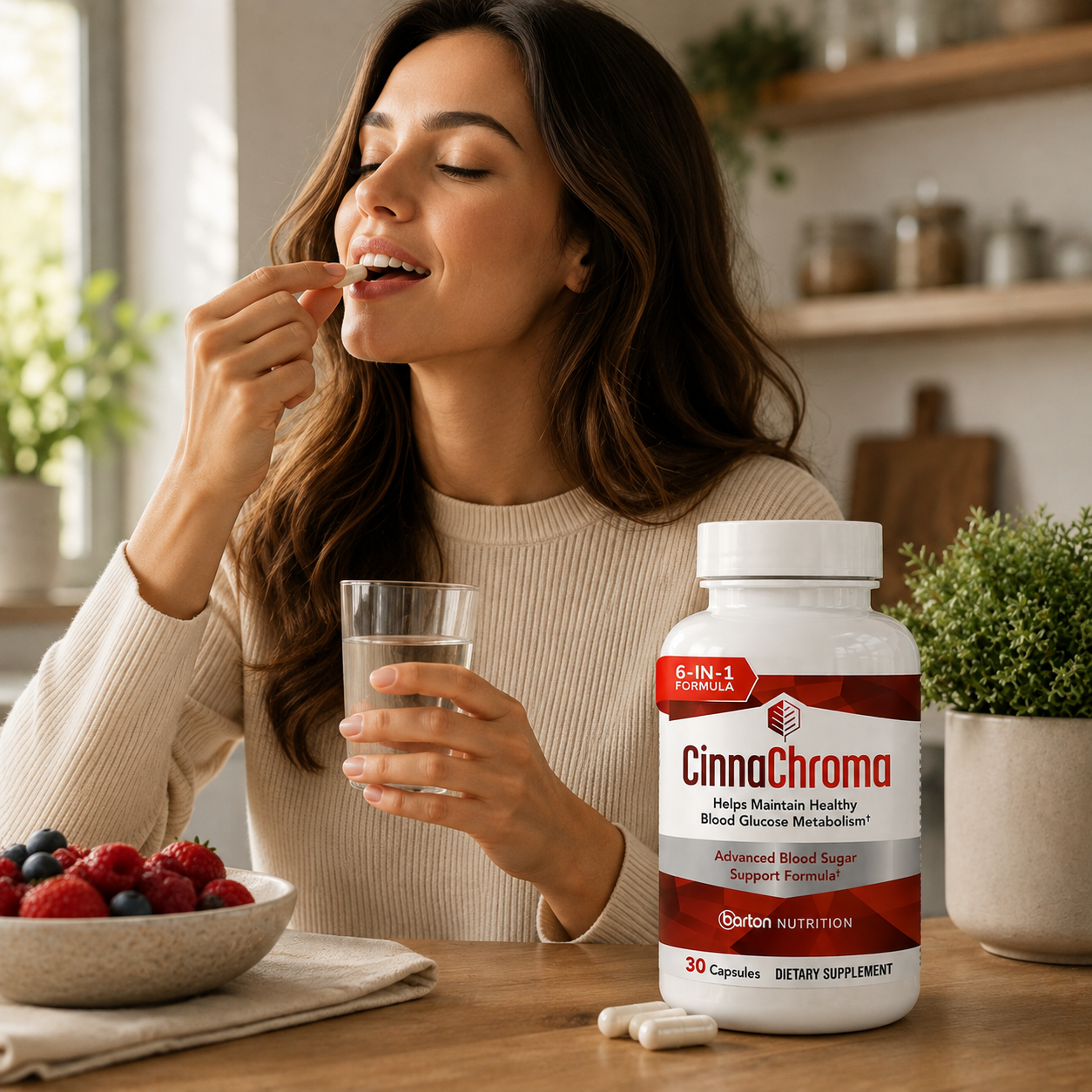 Woman taking a CinnaChroma dietary supplement capsule with water